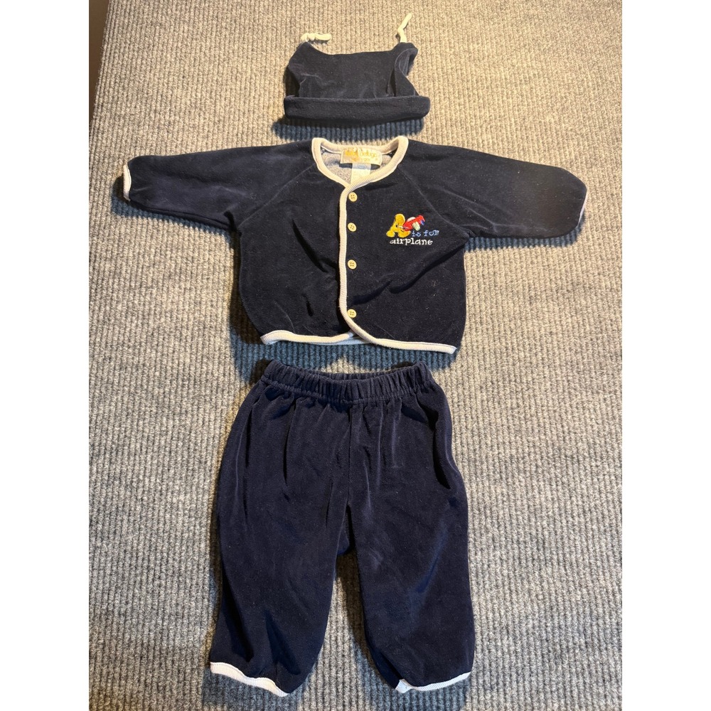 Baby Beluga New York Navy Velour 3pc Set Airplane Cardigan Pants Hat 3-6 Months